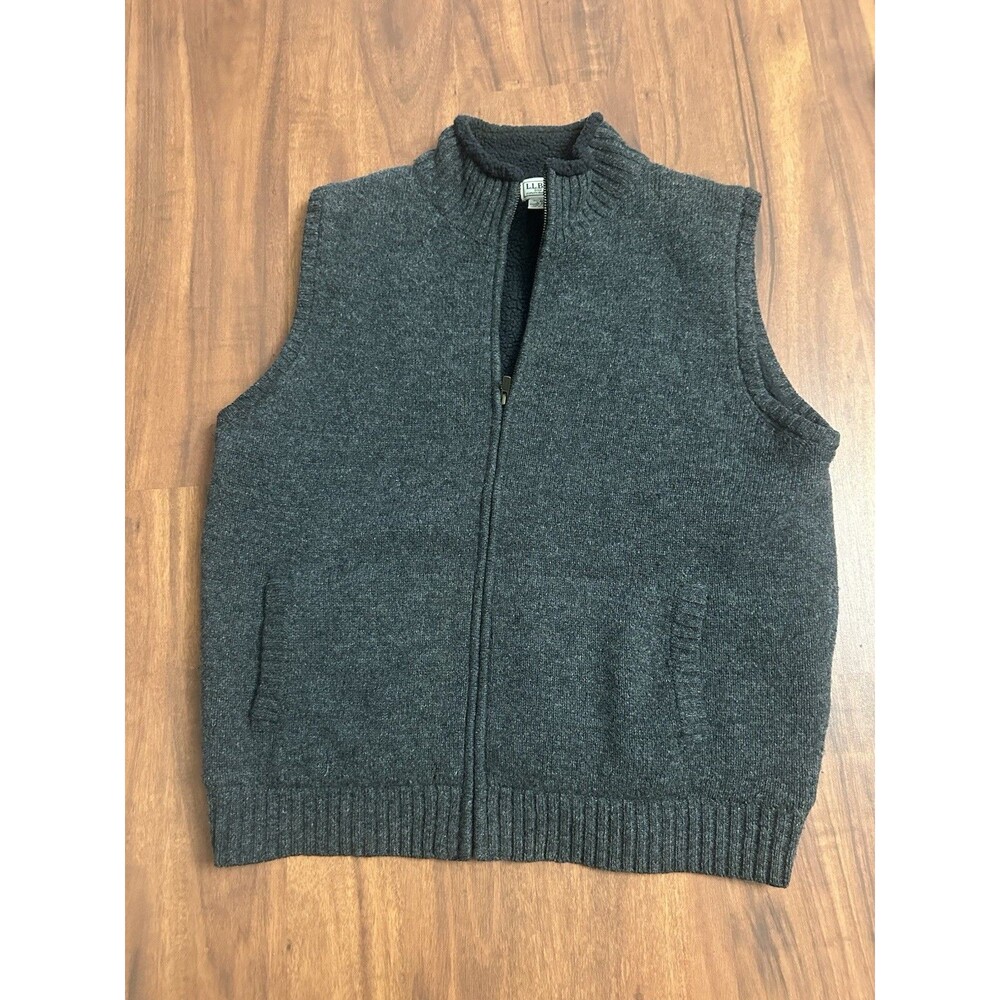 LL Bean Lambs Wool Sweater Vest Mens Large Full Zip Sherpa Fleece Lined  Gray